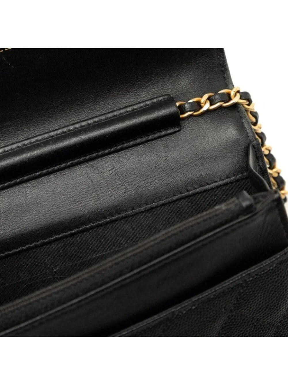 Chanel CC Filigree CC Logo Chain Shoulder Bag Wallet Black Caviar Leather